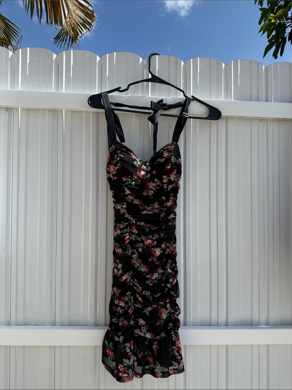 Lily Rose Black Floral Ruched Midi Dress with Pink Roses